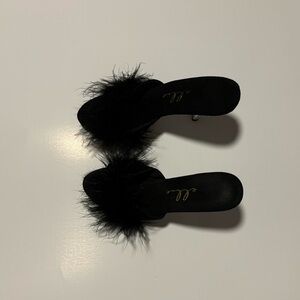 Black fuzzy feather slip on kitten heel pumps